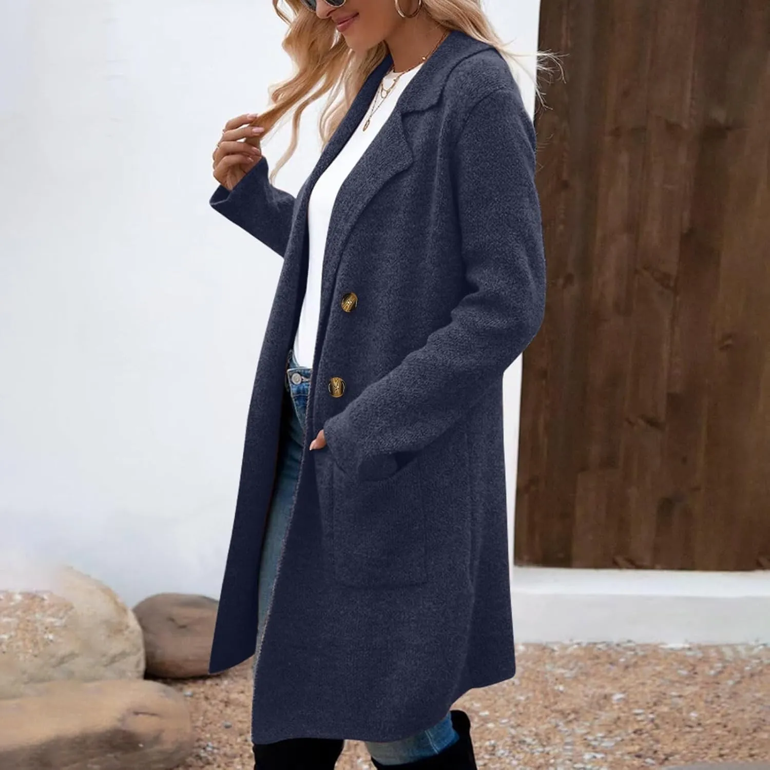 Women’s Double Breasted Mid Long Trench Coat 2024 Lapel Collar Pea Coats Winter Wool Coats with Pockets Outerwear