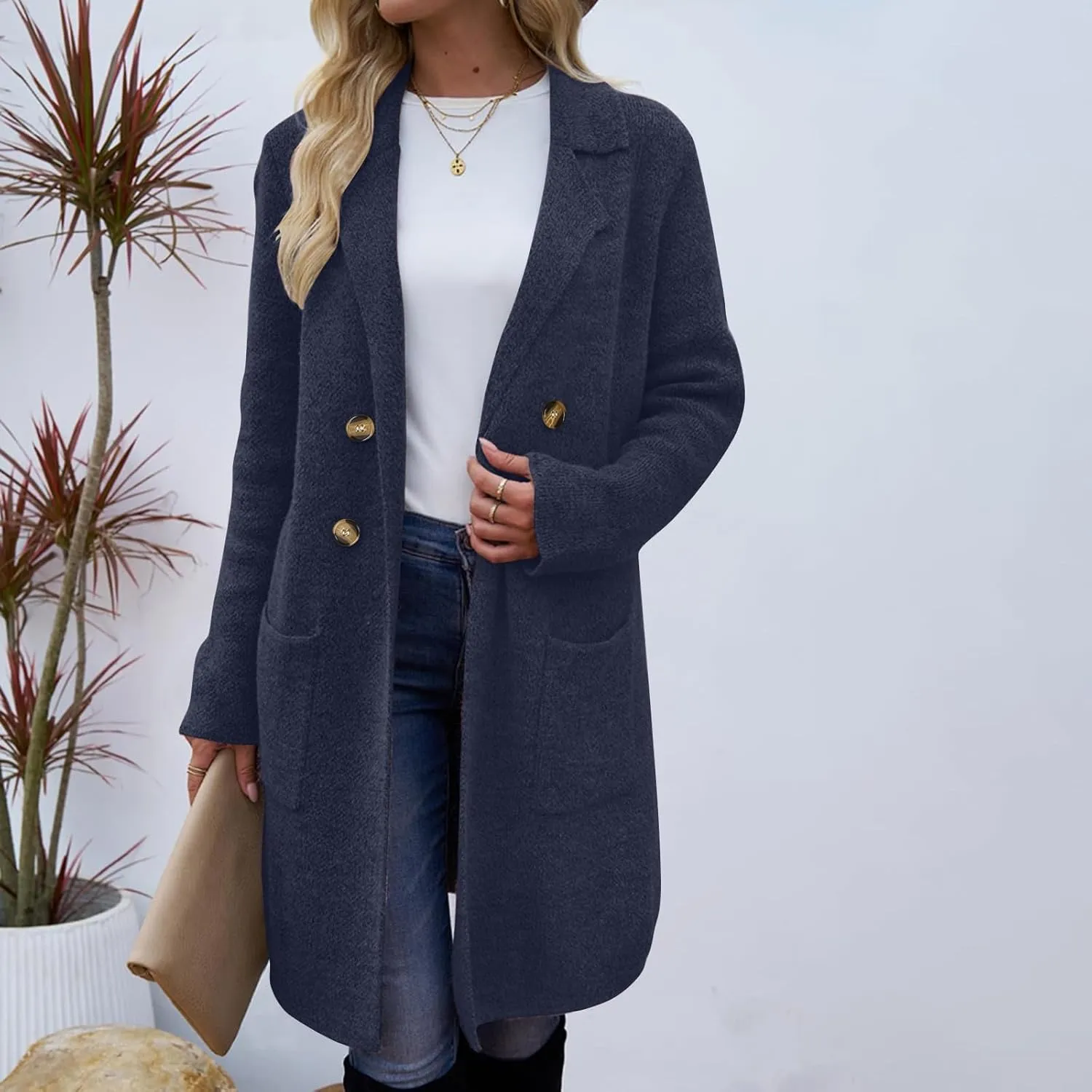 Women’s Double Breasted Mid Long Trench Coat 2024 Lapel Collar Pea Coats Winter Wool Coats with Pockets Outerwear
