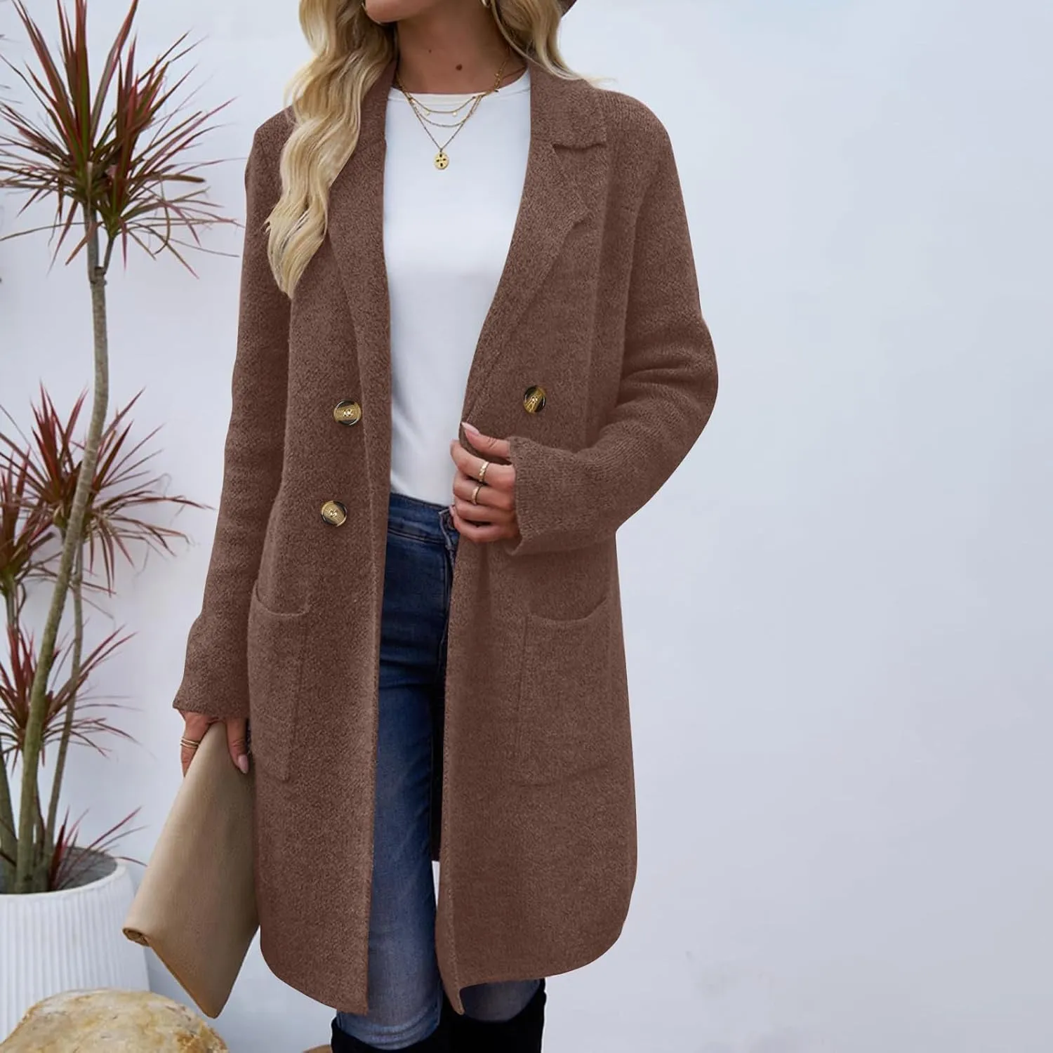 Women’s Double Breasted Mid Long Trench Coat 2024 Lapel Collar Pea Coats Winter Wool Coats with Pockets Outerwear