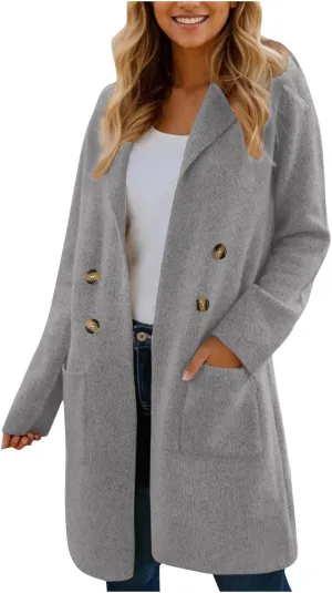 Women’s Double Breasted Mid Long Trench Coat 2024 Lapel Collar Pea Coats Winter Wool Coats with Pockets Outerwear