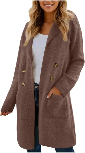 Women’s Double Breasted Mid Long Trench Coat 2024 Lapel Collar Pea Coats Winter Wool Coats with Pockets Outerwear