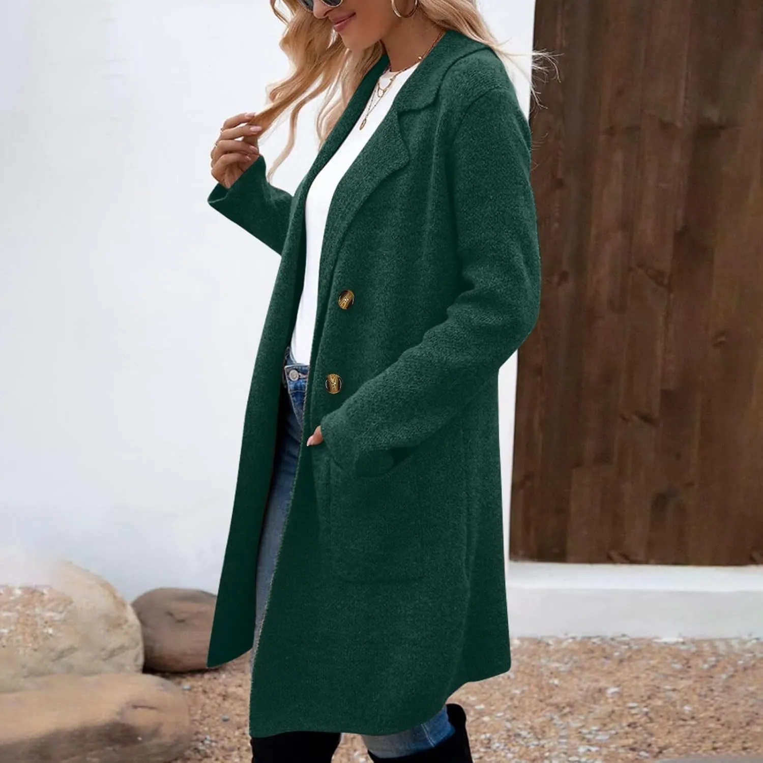 Women’s Double Breasted Mid Long Trench Coat 2024 Lapel Collar Pea Coats Winter Wool Coats with Pockets Outerwear