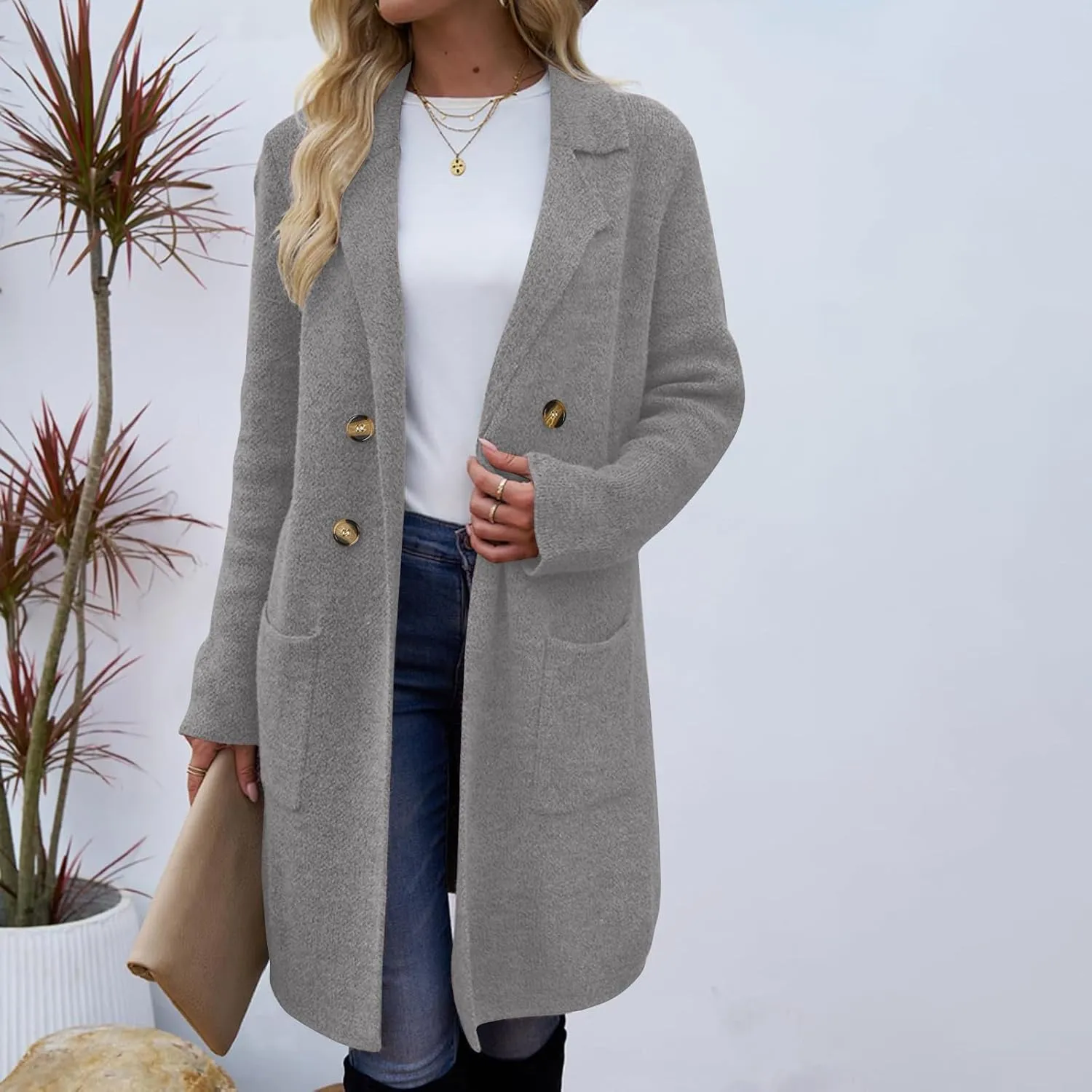 Women’s Double Breasted Mid Long Trench Coat 2024 Lapel Collar Pea Coats Winter Wool Coats with Pockets Outerwear