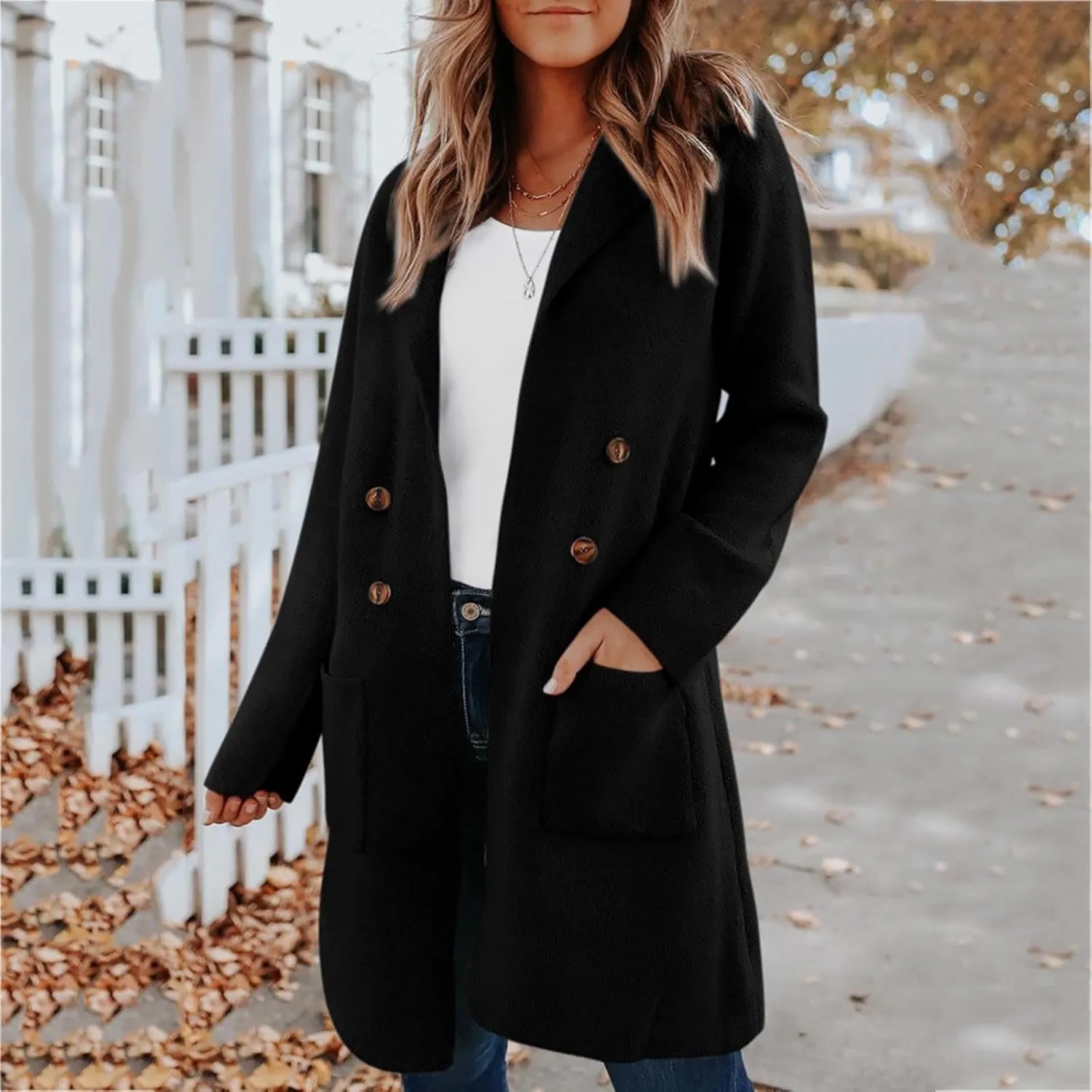 Women’s Double Breasted Mid Long Trench Coat 2024 Lapel Collar Pea Coats Winter Wool Coats with Pockets Outerwear