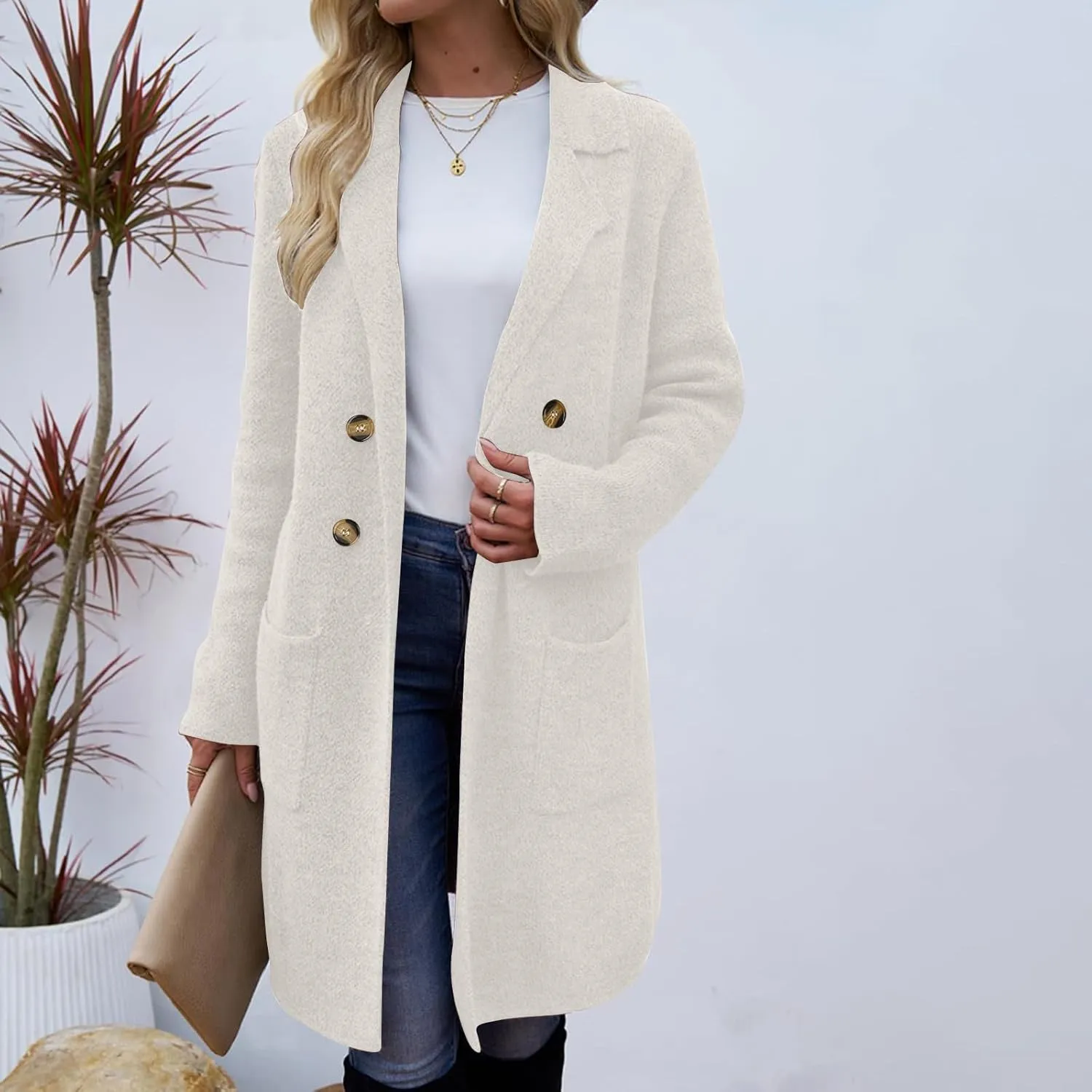 Women’s Double Breasted Mid Long Trench Coat 2024 Lapel Collar Pea Coats Winter Wool Coats with Pockets Outerwear