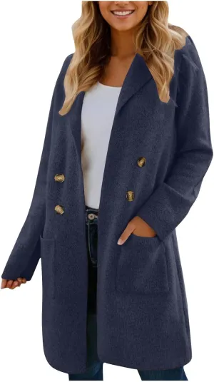 Women’s Double Breasted Mid Long Trench Coat 2024 Lapel Collar Pea Coats Winter Wool Coats with Pockets Outerwear