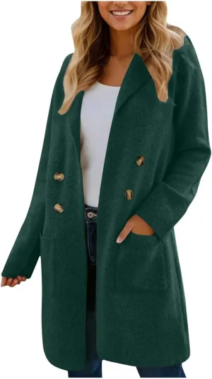 Women’s Double Breasted Mid Long Trench Coat 2024 Lapel Collar Pea Coats Winter Wool Coats with Pockets Outerwear