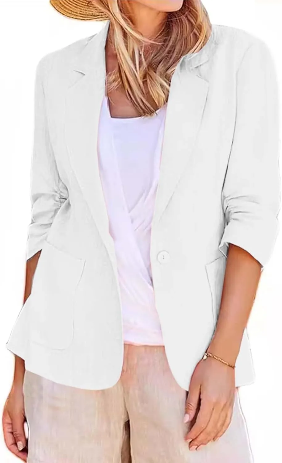 Women's Elegant 3/4 Sleeve Blazers,Slim Fit Workwear Suit Jackets Fall Fashion Single Breasted Open Front Cardigans