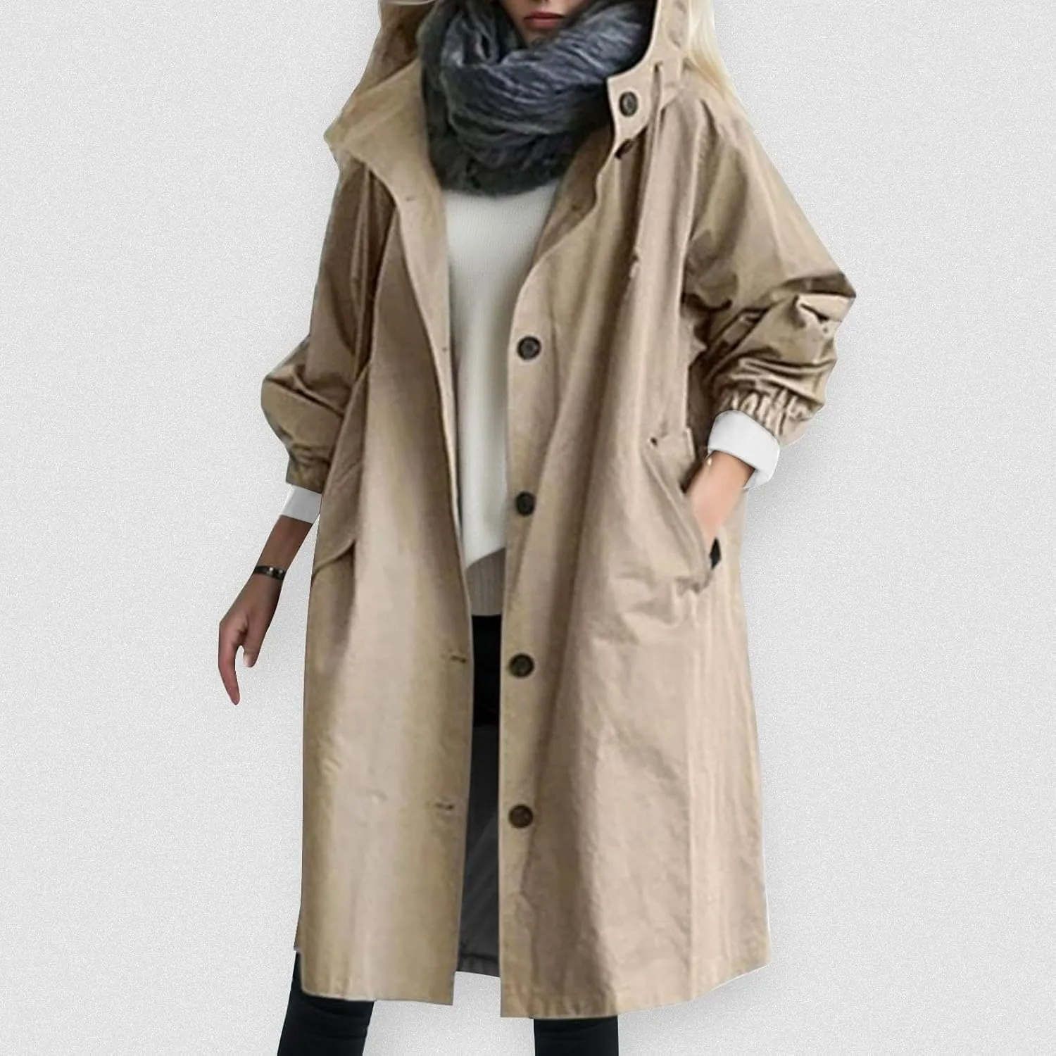 Women's Elegant Notched Collar Double Button Slim Long Wool Blend Pea Coat Jacket