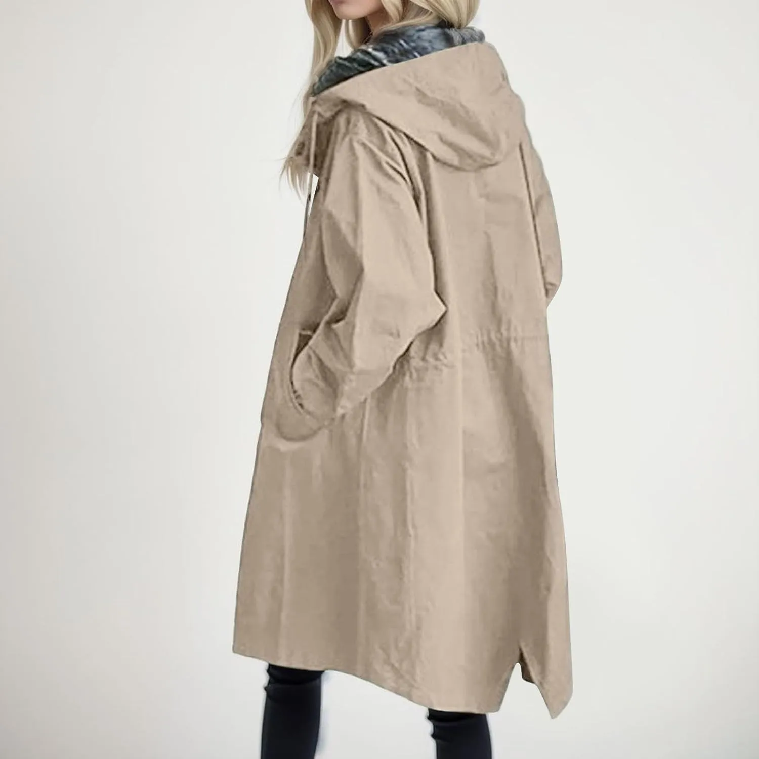 Women's Elegant Notched Collar Double Button Slim Long Wool Blend Pea Coat Jacket
