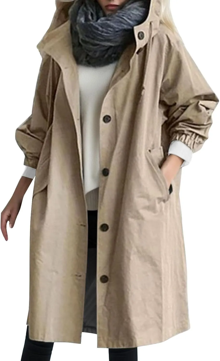 Women's Elegant Notched Collar Double Button Slim Long Wool Blend Pea Coat Jacket