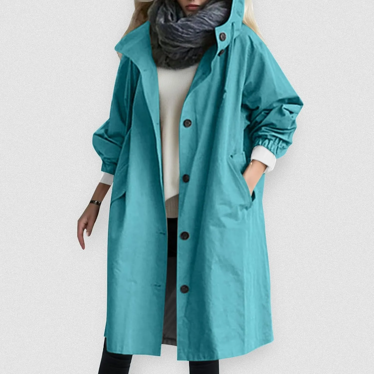 Women's Elegant Notched Collar Double Button Slim Long Wool Blend Pea Coat Jacket