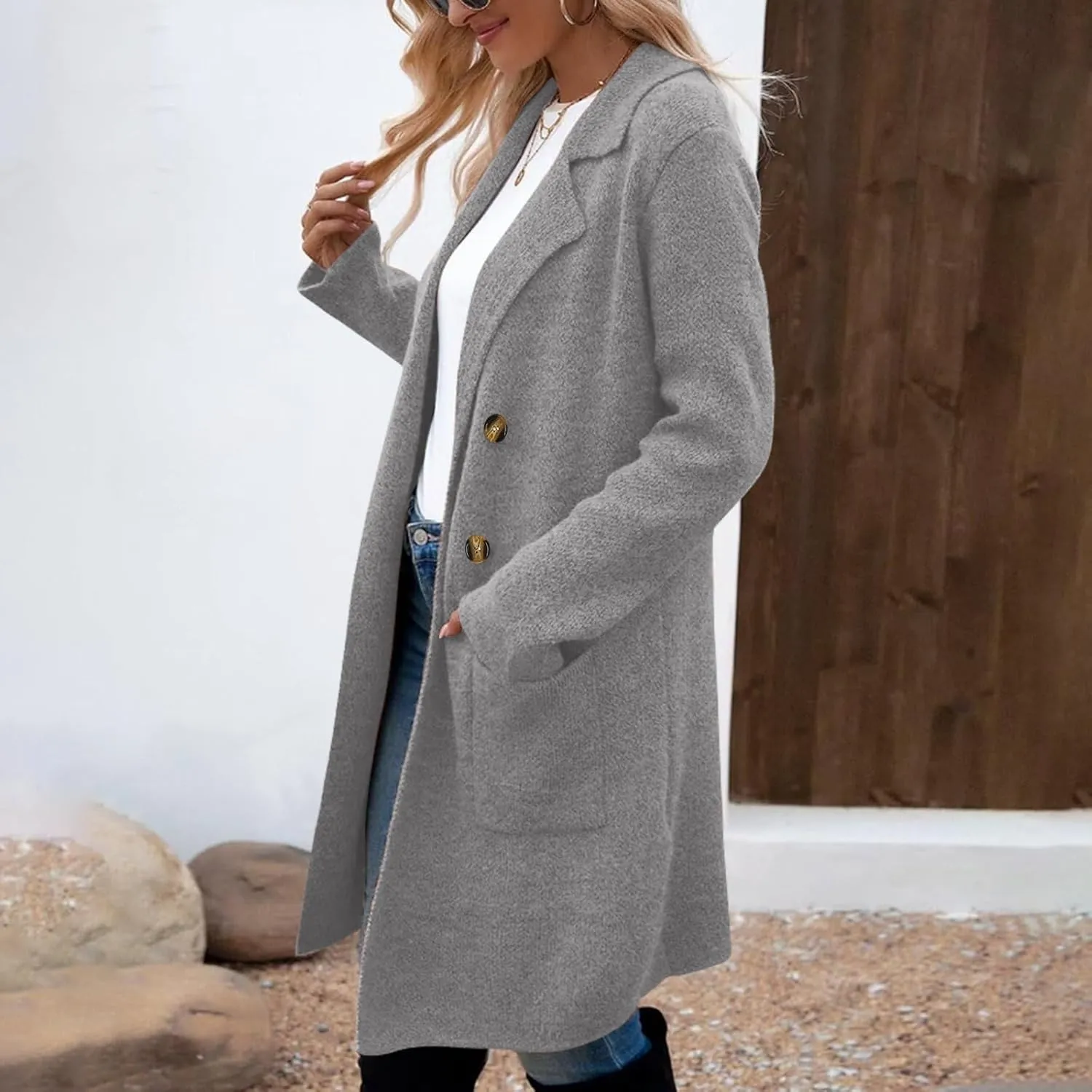 Womens Light Weight Wool Blend Coat Wool Double Breasted Pea Coats Notch Lapel Trench Coat Trendy Long Winter Coats