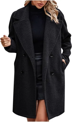 Womens Long Double Breasted Pea Coat Fuzzy Fleece Trench Coat Notch Lapel Collar Overcoat Sherpa Mid Length Jacket
