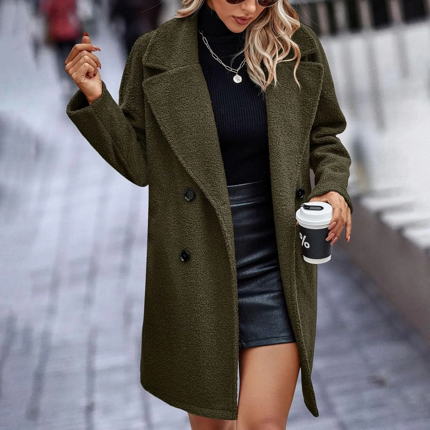 Womens Long Double Breasted Pea Coat Fuzzy Fleece Trench Coat Notch Lapel Collar Overcoat Sherpa Mid Length Jacket