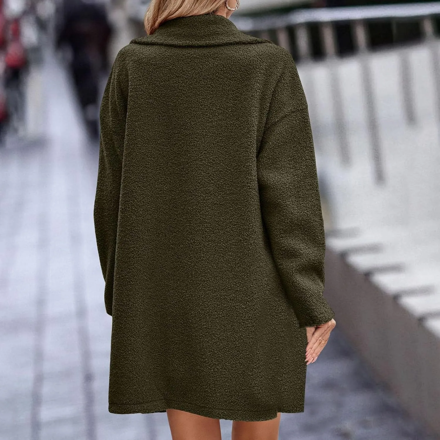 Womens Long Double Breasted Pea Coat Fuzzy Fleece Trench Coat Notch Lapel Collar Overcoat Sherpa Mid Length Jacket