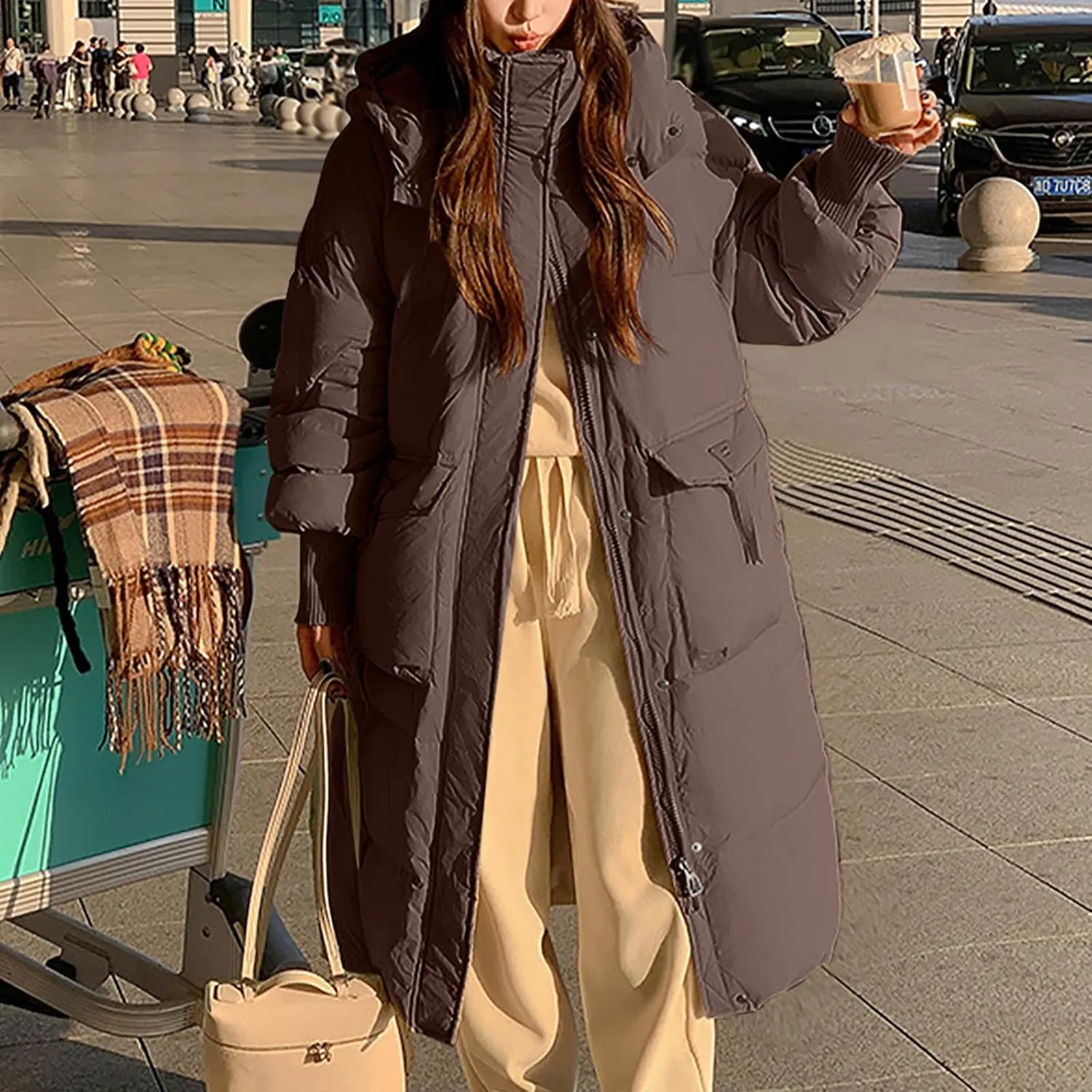 Womens Long Hooded Down Jacket Thicken Heavyweight Windproof Thermal Puffer Coats Winter Long Sleeve Casual Overcoat