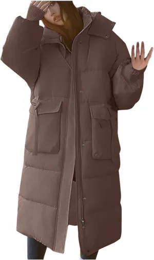 Womens Long Hooded Down Jacket Thicken Heavyweight Windproof Thermal Puffer Coats Winter Long Sleeve Casual Overcoat