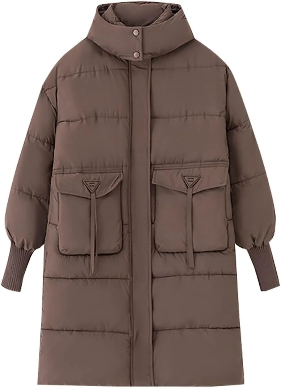 Womens Long Hooded Down Jacket Thicken Heavyweight Windproof Thermal Puffer Coats Winter Long Sleeve Casual Overcoat