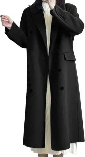 Women's Long Pea Coats Plus Size Double Breasted Overcoat Casual Lapel Wool Coats Long Winter Coats with Pockets