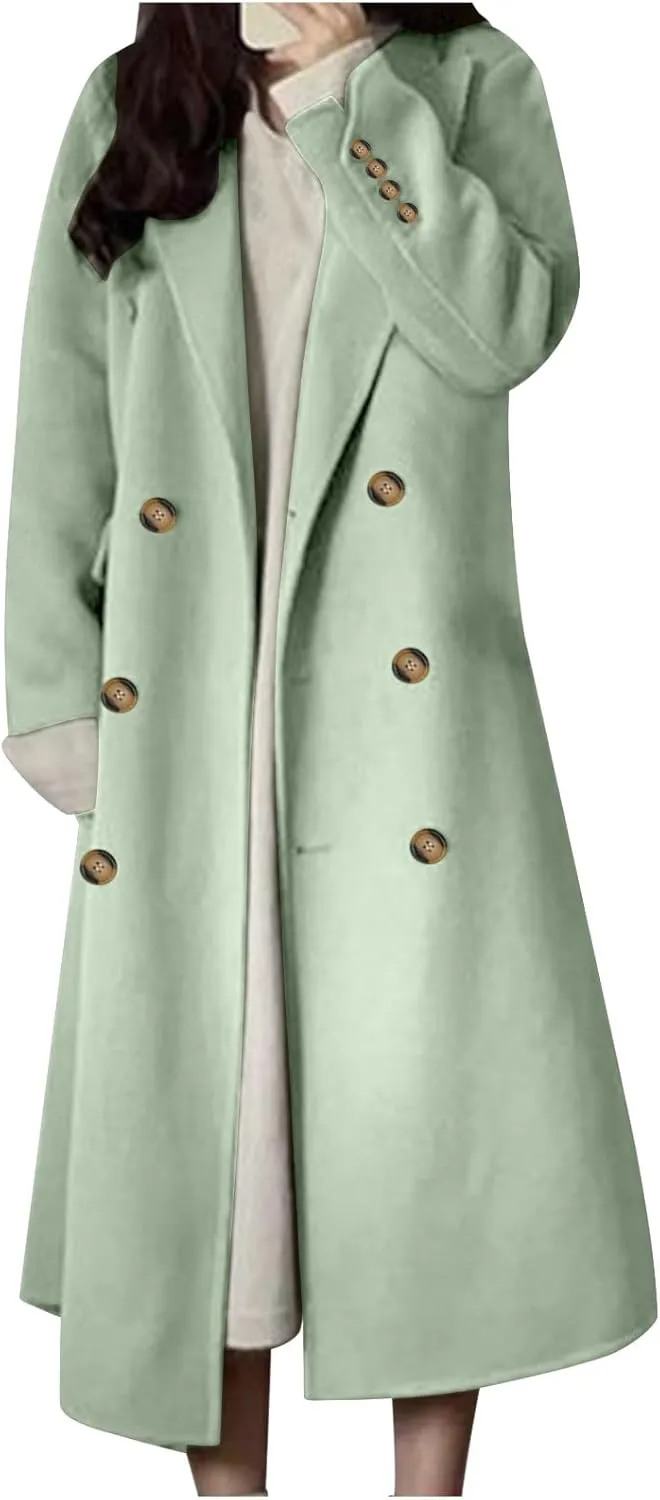 Women's Long Pea Coats Plus Size Double Breasted Overcoat Casual Lapel Wool Coats Long Winter Coats with Pockets