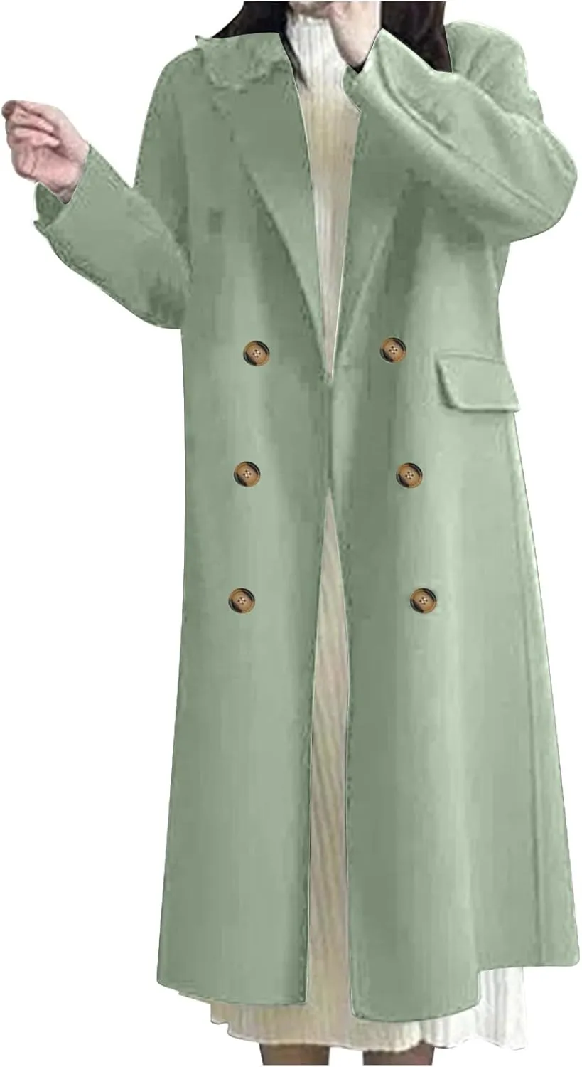 Women's Long Pea Coats Plus Size Double Breasted Overcoat Casual Lapel Wool Coats Long Winter Coats with Pockets