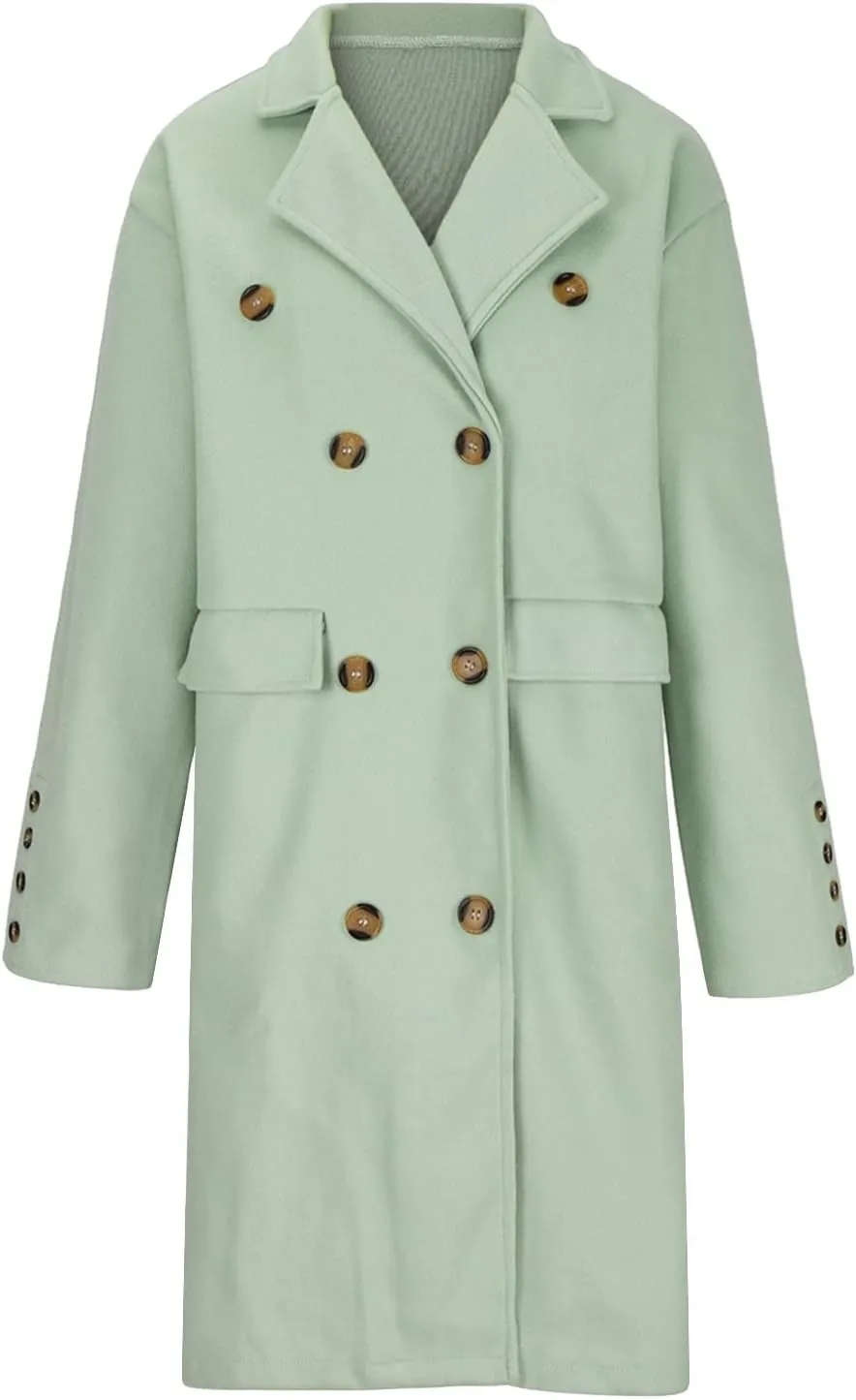 Women's Long Pea Coats Plus Size Double Breasted Overcoat Casual Lapel Wool Coats Long Winter Coats with Pockets