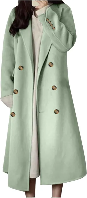 Women's Long Pea Coats Plus Size Double Breasted Overcoat Casual Lapel Wool Coats Long Winter Coats with Pockets