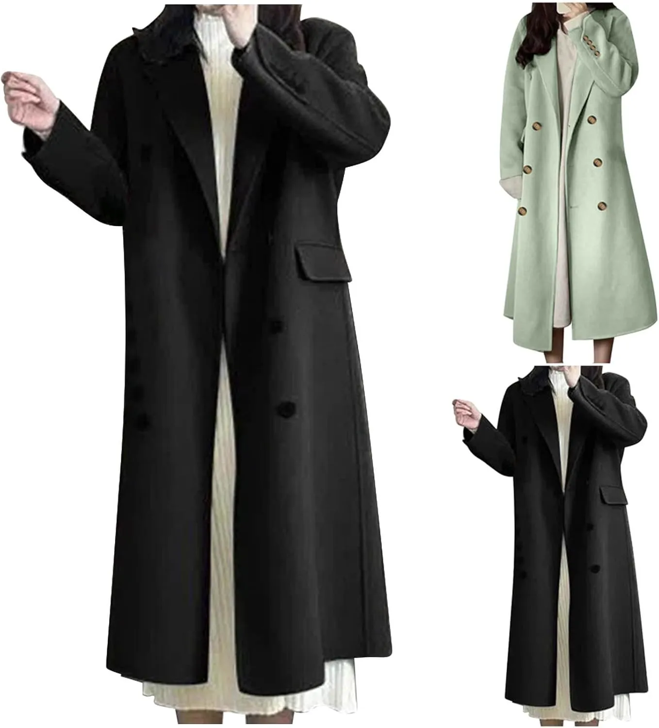 Women's Long Pea Coats Plus Size Double Breasted Overcoat Casual Lapel Wool Coats Long Winter Coats with Pockets