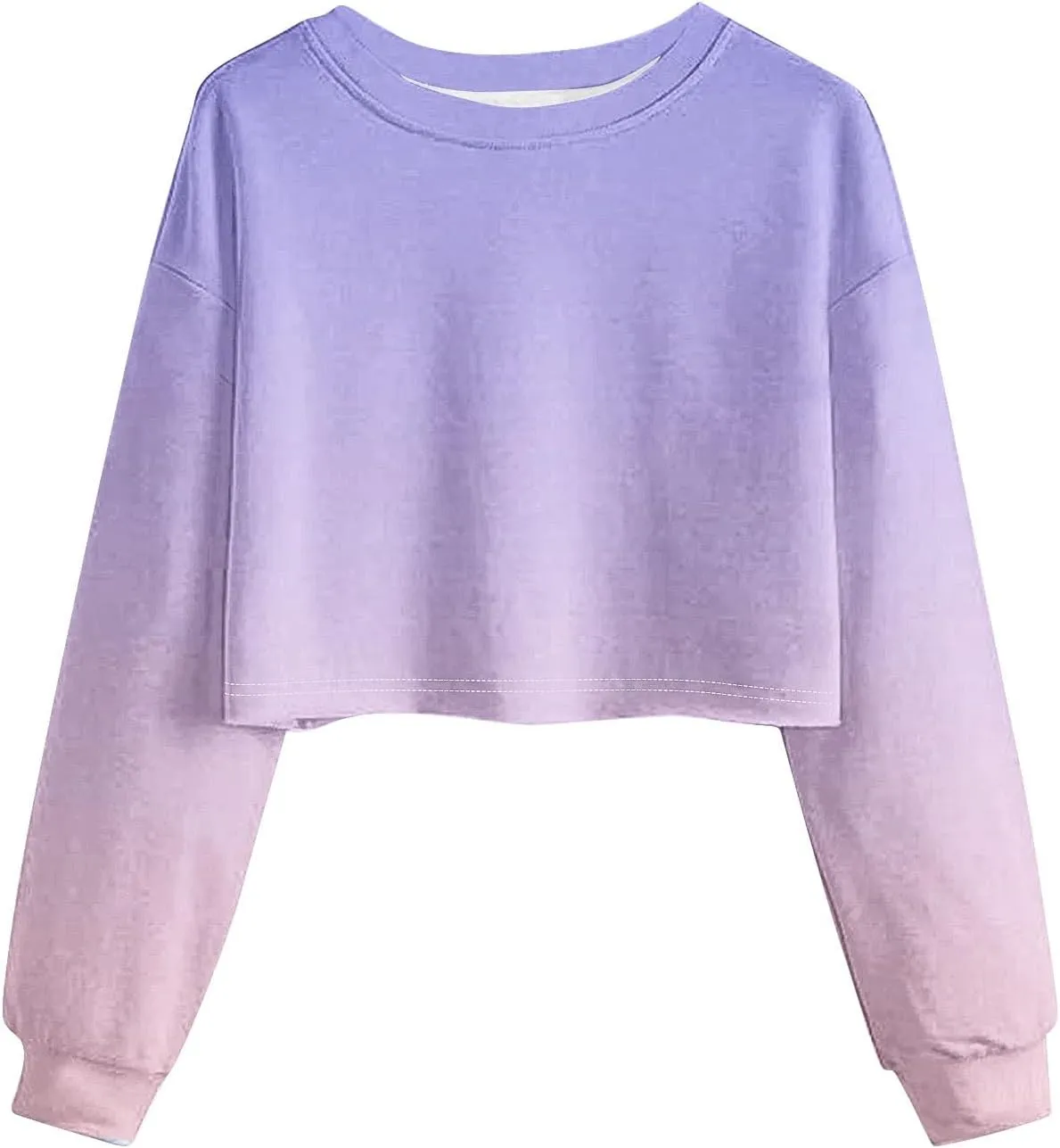 Womens Long Sleeve Cropped T-Shirts Ombre Round Neck Drop Shoulder Crop Sweatshirts Fleece Casual Workout Crop Tops