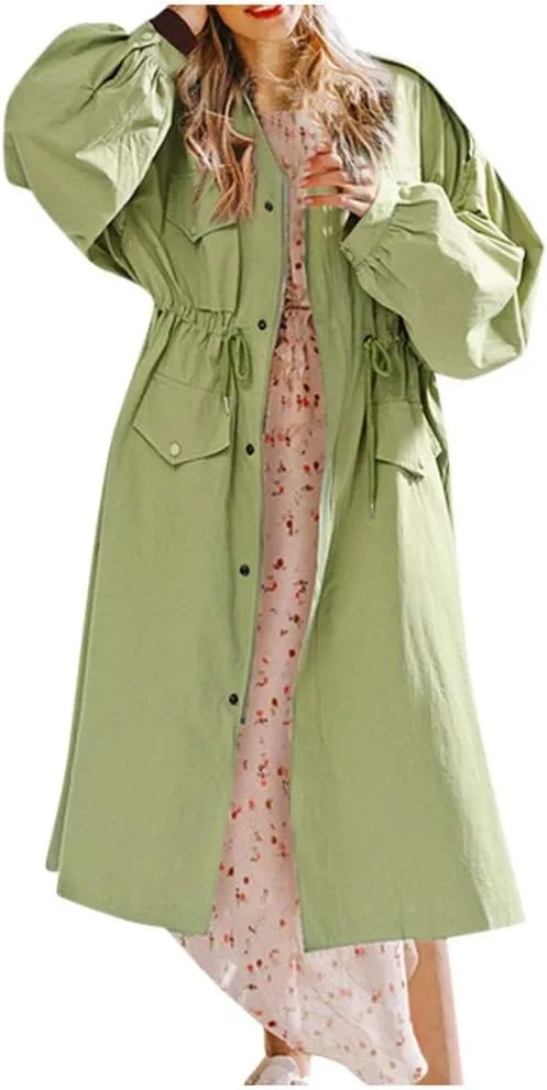 Women's Long Trench Coat Windproof Classic Lapel Oversized Trenchcoat Elastic Waist Fashion 2024 Overcoat with Pocket