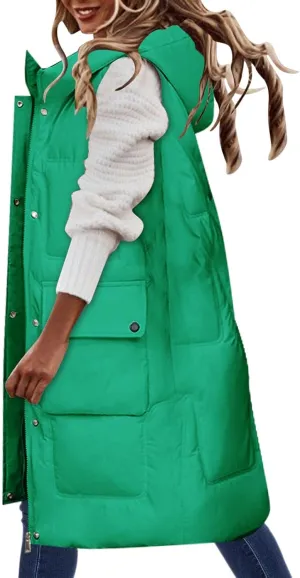 Women'S Long Vest Sleeveless Puffer Jacket Lightweight Hooded Down Outerwear Coat Quilted Vest With Hood Jacket