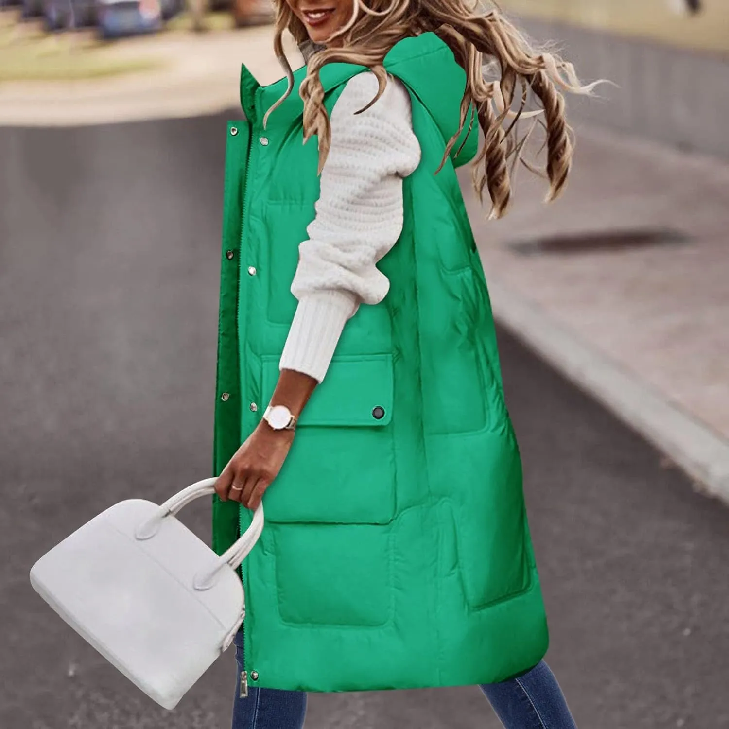Women'S Long Vest Sleeveless Puffer Jacket Lightweight Hooded Down Outerwear Coat Quilted Vest With Hood Jacket