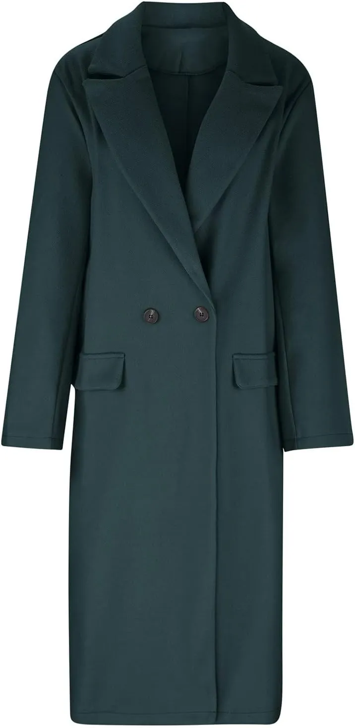Womens Notch Lapel Pea Coats Casual Double Breasted Overcoat Plus Size Trench Coats Winter Outwear with Pockets