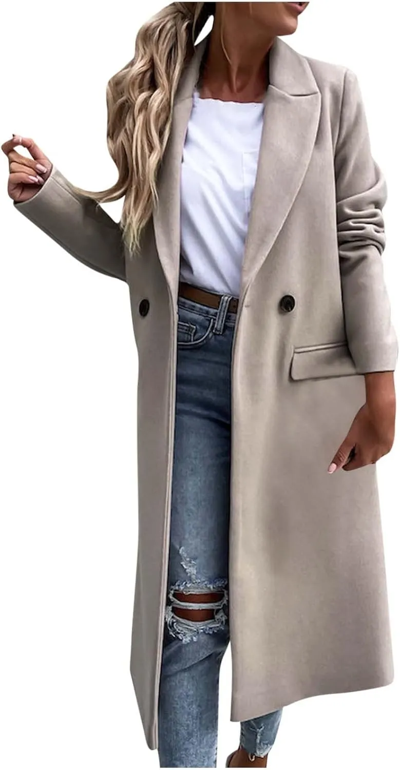 Womens Notch Lapel Pea Coats Casual Double Breasted Overcoat Plus Size Trench Coats Winter Outwear with Pockets