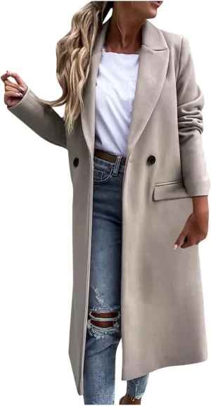 Womens Notch Lapel Pea Coats Casual Double Breasted Overcoat Plus Size Trench Coats Winter Outwear with Pockets