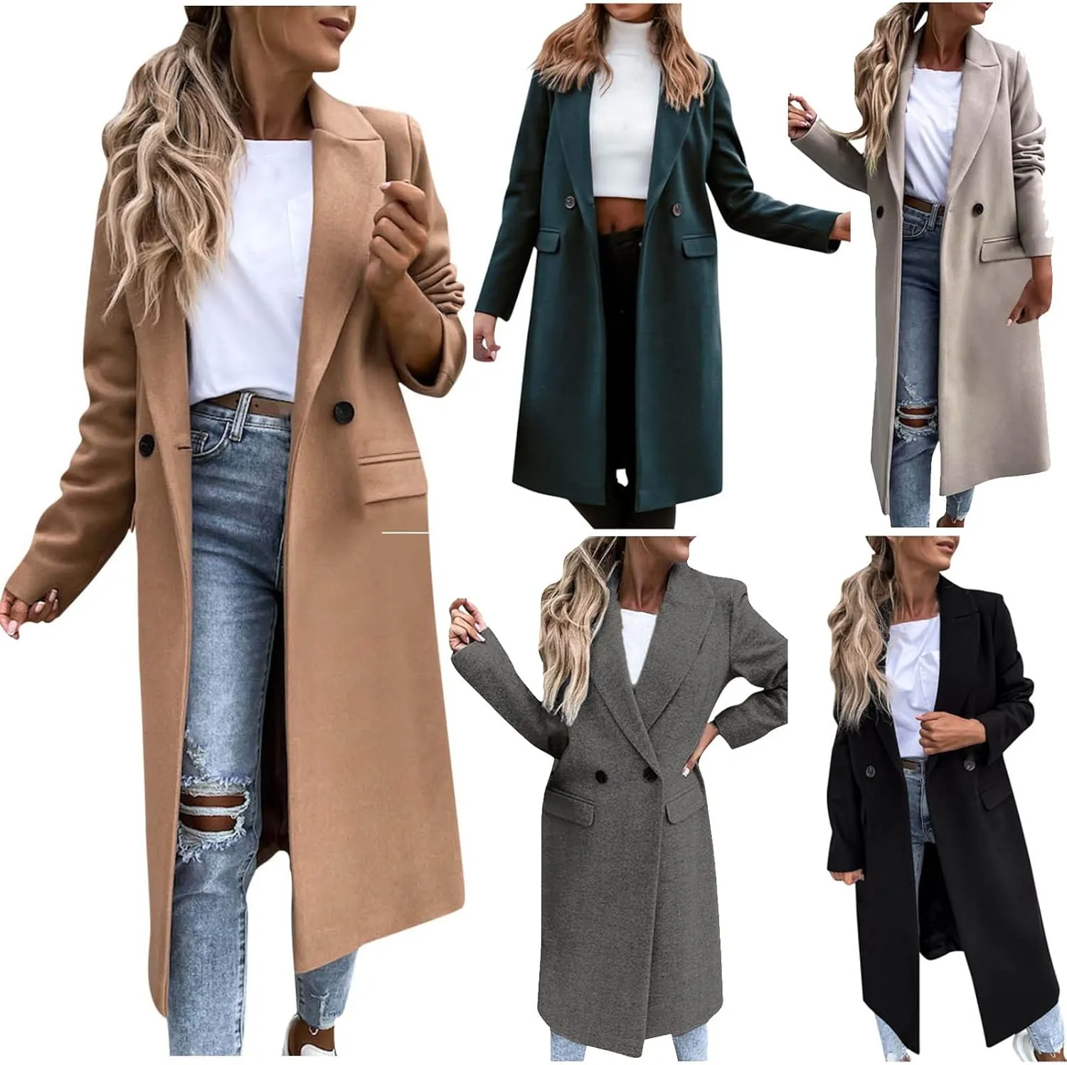 Womens Notch Lapel Pea Coats Casual Double Breasted Overcoat Plus Size Trench Coats Winter Outwear with Pockets