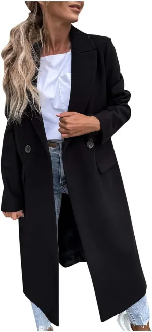 Womens Notch Lapel Pea Coats Casual Double Breasted Overcoat Plus Size Trench Coats Winter Outwear with Pockets