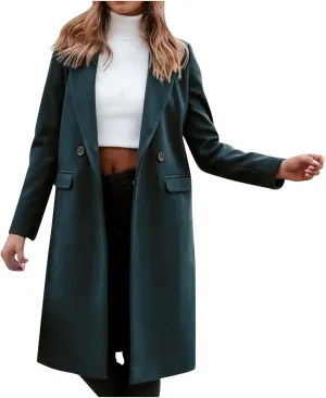 Womens Notch Lapel Pea Coats Casual Double Breasted Overcoat Plus Size Trench Coats Winter Outwear with Pockets