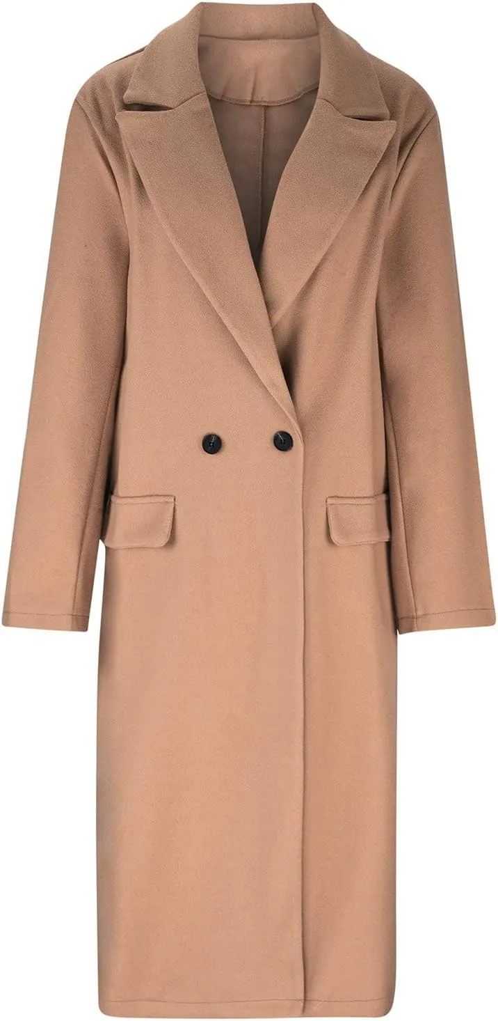 Womens Notch Lapel Pea Coats Casual Double Breasted Overcoat Plus Size Trench Coats Winter Outwear with Pockets