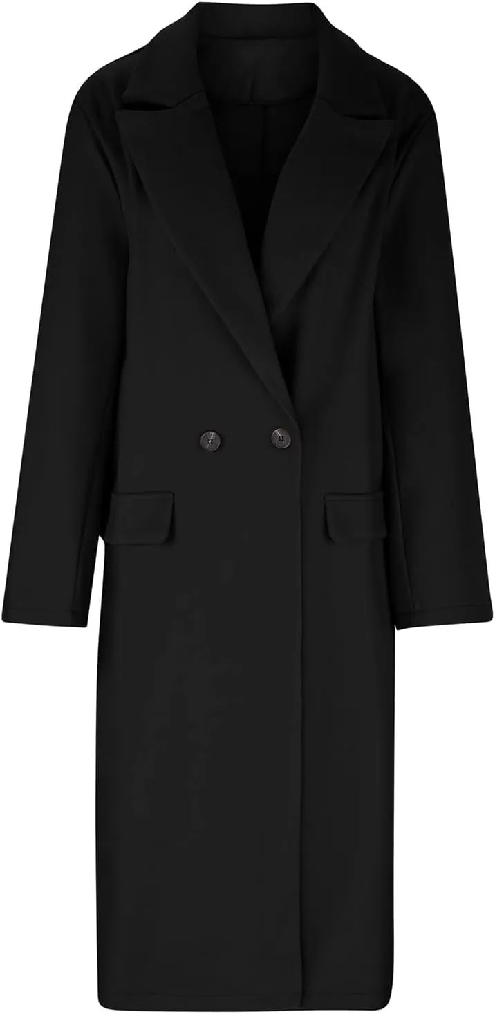 Womens Notch Lapel Pea Coats Casual Double Breasted Overcoat Plus Size Trench Coats Winter Outwear with Pockets
