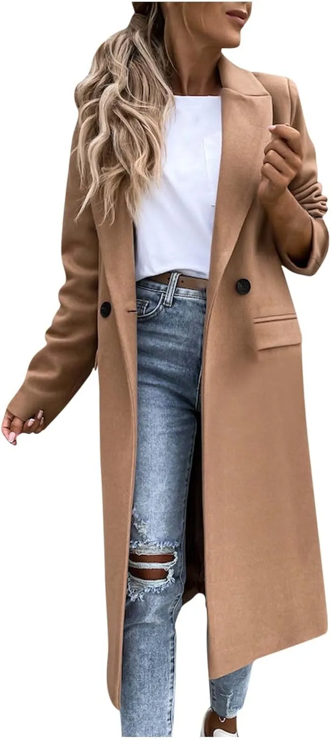 Womens Notch Lapel Pea Coats Casual Double Breasted Overcoat Plus Size Trench Coats Winter Outwear with Pockets