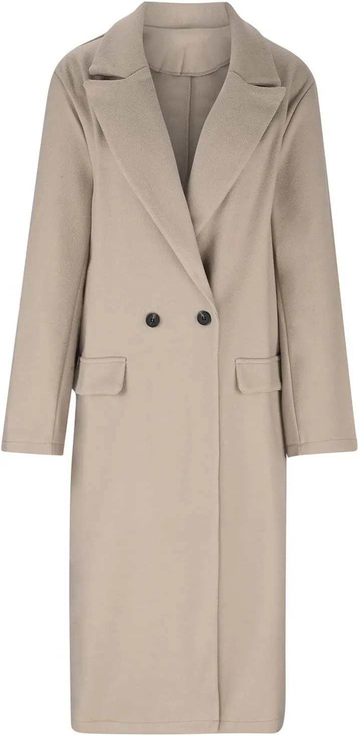 Womens Notch Lapel Pea Coats Casual Double Breasted Overcoat Plus Size Trench Coats Winter Outwear with Pockets