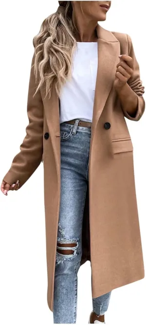 Womens Notch Lapel Pea Coats Casual Double Breasted Overcoat Plus Size Trench Coats Winter Outwear with Pockets