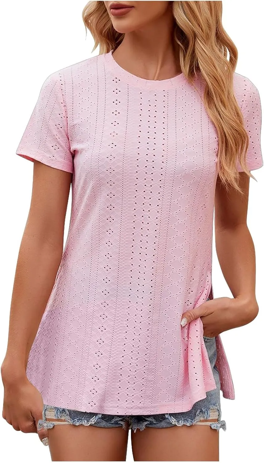 Women's Oversized T Shirts Crew Neck Short Sleeve Tops Casual Basic Tee Loose Fit Tunic Blouse with Side Split Slit
