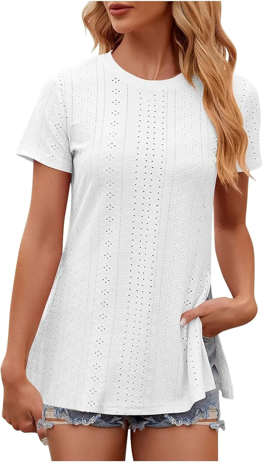 Women's Oversized T Shirts Crew Neck Short Sleeve Tops Casual Basic Tee Loose Fit Tunic Blouse with Side Split Slit