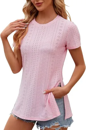 Women's Oversized T Shirts Crew Neck Short Sleeve Tops Casual Basic Tee Loose Fit Tunic Blouse with Side Split Slit