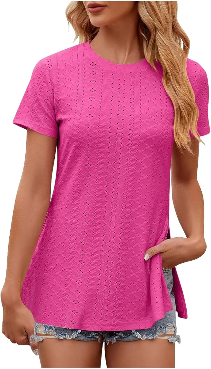 Women's Oversized T Shirts Crew Neck Short Sleeve Tops Casual Basic Tee Loose Fit Tunic Blouse with Side Split Slit