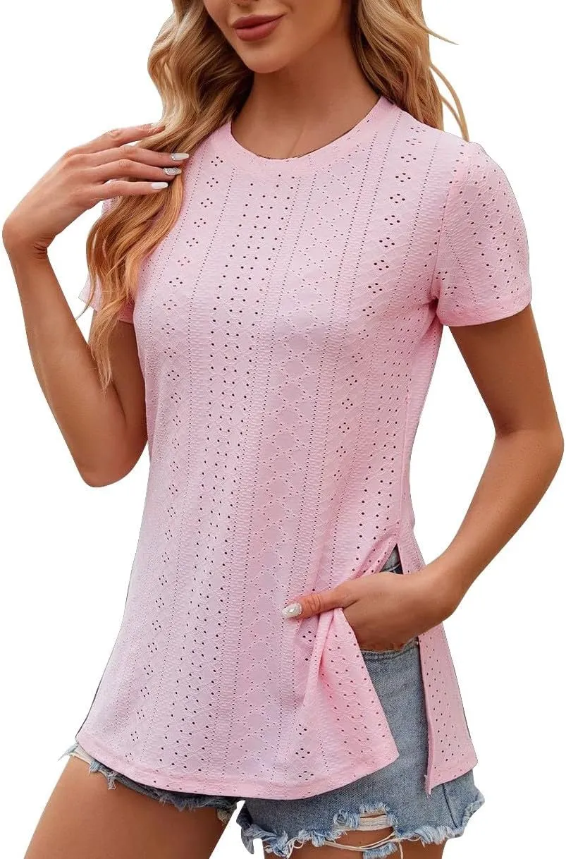 Women's Oversized T Shirts Crew Neck Short Sleeve Tops Casual Basic Tee Loose Fit Tunic Blouse with Side Split Slit