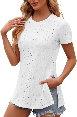 Women's Oversized T Shirts Crew Neck Short Sleeve Tops Casual Basic Tee Loose Fit Tunic Blouse with Side Split Slit